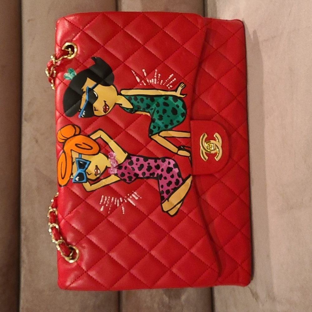 Chan el red hand painted quilted shoulder bag the flinstones